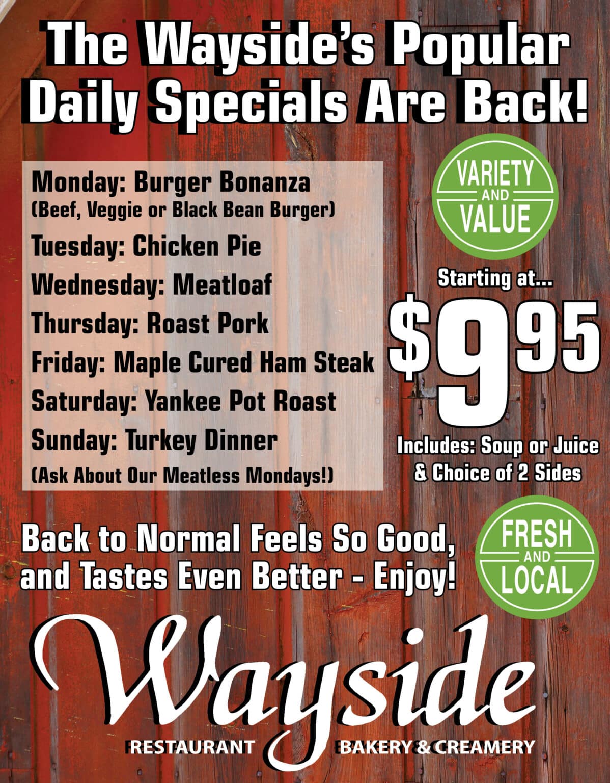 Wayside Restaurant Daily Specials Menu | Montpelier, VT